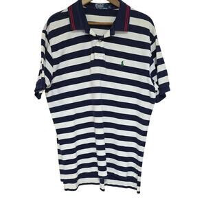 Polo Ralph Lauren Mens Sz XL Navy & White Stripe Green Logo Preppy Polo Shirt